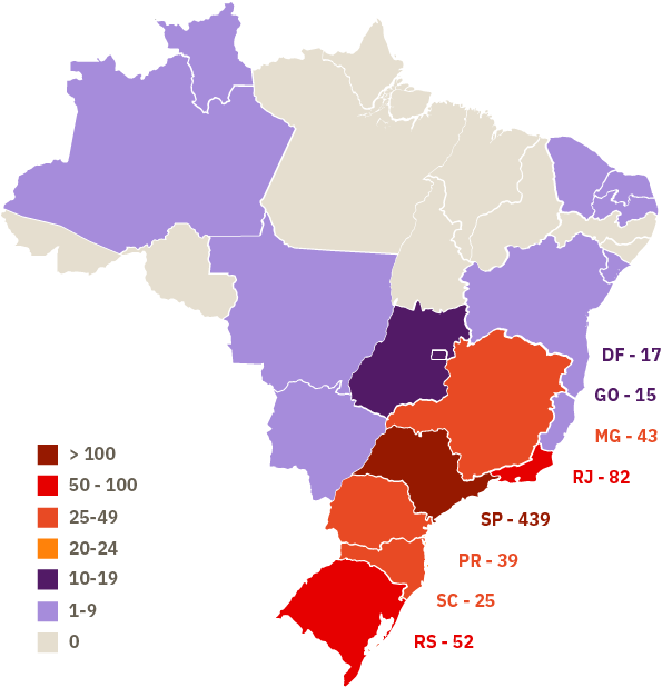 Mapa do Brasil mostrando a presença da RTM em 19 estados brasileiros