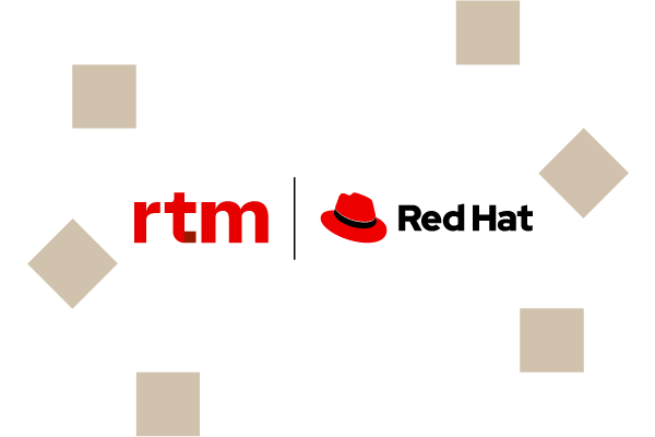 Imagem com as marcas RTM e Red Hat em cobranding com grafismos da RTM no entorno.