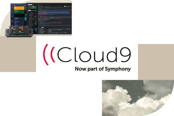 Aparelho para traders Symnphony, logo da Cloud 9 e grafismo com nuvens
