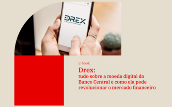 Duas mãos seguram um smartphone. Na tela aparece o logo do Drex do Banco Central. Embaixo aparece a frase: Drex: tudo sobre a moeda digital do Banco Central e como ela pode revolucionar o mercado financeiro. Acesse o e-book.