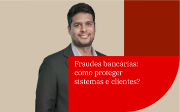A imagem mostra uma foto do gerente de Segurança da Informação da RTM, Renan Barcelos, sorrindo. Ele veste um terno cinza escuro. No canto inferior direito, há um grafismo em vermelho com a pergunta "Fraudes bancárias: como proteger sistemas e clientes?".