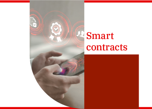 A imagem mostra duas mãos segurando um smartphone e símbolos que representam verificação e segurança. Ao lado, está escrito em vermelho: Smart contracts.