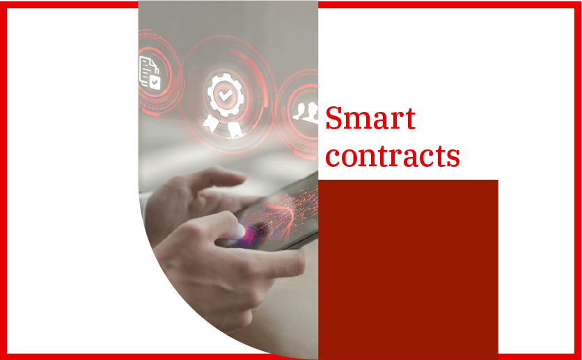 A imagem mostra duas mãos segurando um smartphone e símbolos que representam verificação e segurança. Ao lado, está escrito em vermelho: Smart contracts.