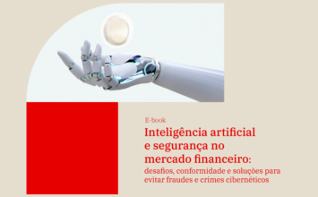 Imagem de uma mão robótica com a palma virada para cima. Abaixo está escrito "E-book Inteligência artificial e segurança no mercado financeiro: desafios, conformidade e soluções para evitar fraudes e crimes cibernéticos".