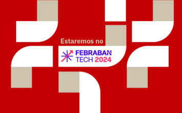 Arte em vermelho, branco e bege para ilustrar a matéria em que a RTM anuncia participação como expositora do Febraban Tech 2024.